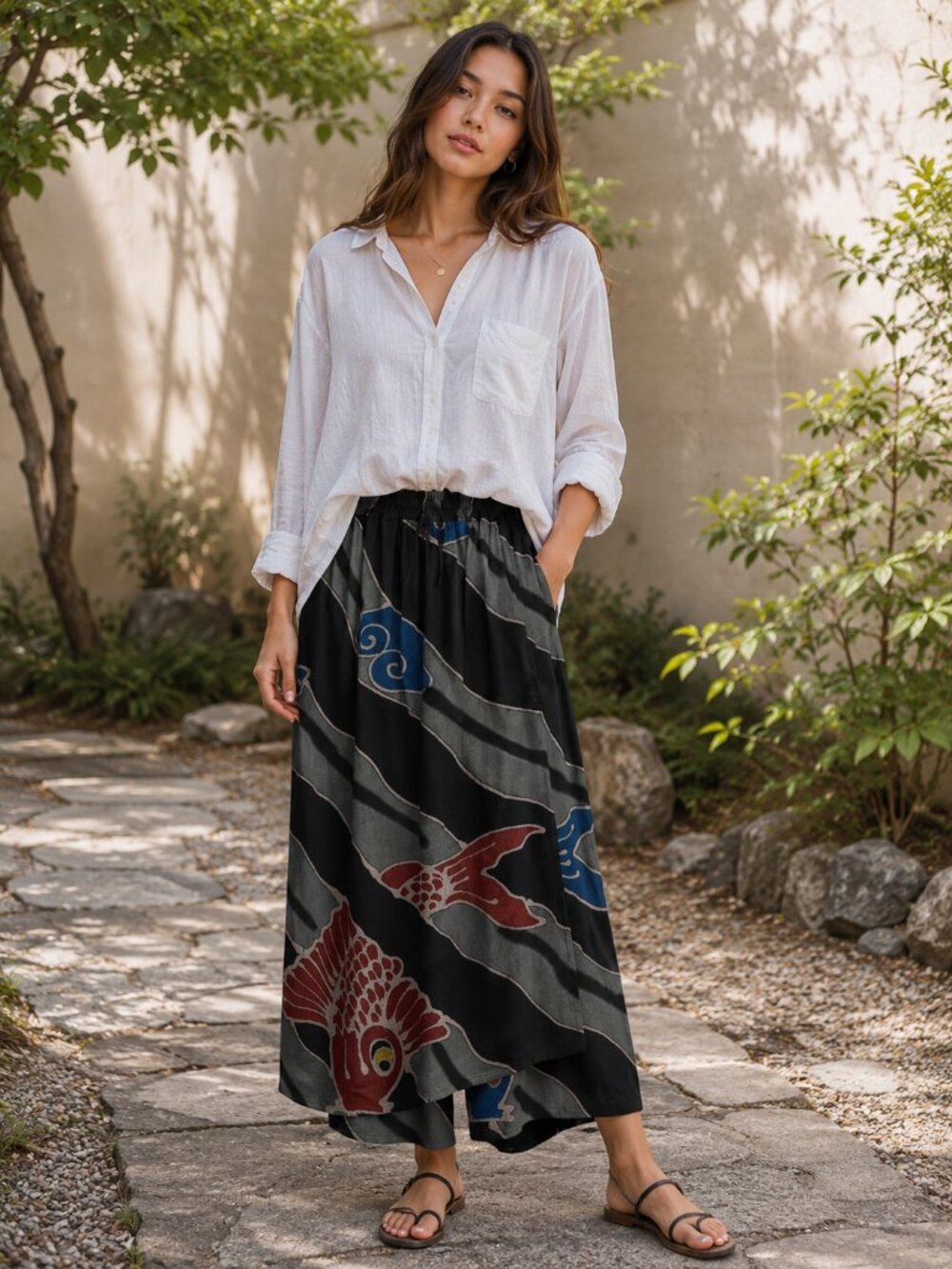 Mao Mam Koi Fish Print Unique Design Gaucho Faux Wrap Wide Leg Lagenlook Pants